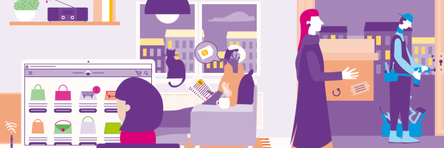 Vektorgrafik mit menschlichen Figuren und digitalen Endgeräten - Digitale Welt