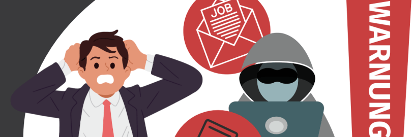 Comicdarstellung einer Person im Anzug, die die Hände an den Kopf hält und ängstlich oder verärgert aussieht. Daneben ein Briefumschlag mit einem Brief auf dem "Job" steht, eine kriminelle Person am Laptop und ein Smartphone mit Pfeilen und einem Euro-Icon. Ganz rechts befindet sich ein großes, rotes Ausrufezeichen, in dem "Warnung" steht.