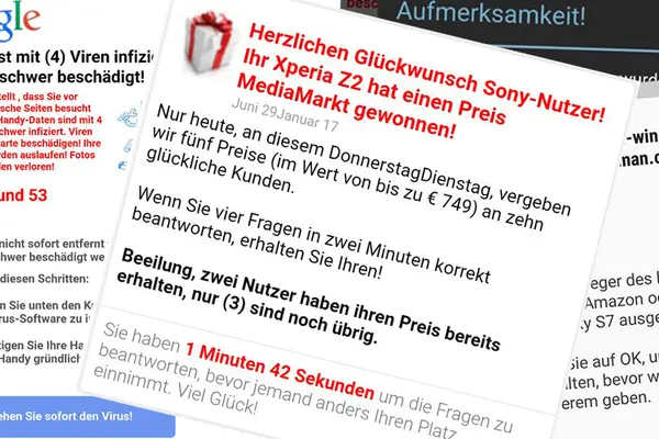 Screenshots verschiedener angeblicher Viren-Warnungen und Gewinnbenachrichtigungen