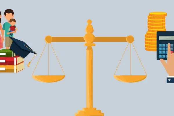 Eine Waage: Auf der einen Seite Geld und Taschenrechner, auf der anderen Seite sind Eltern, Bücher und Bildungsmaterialien.