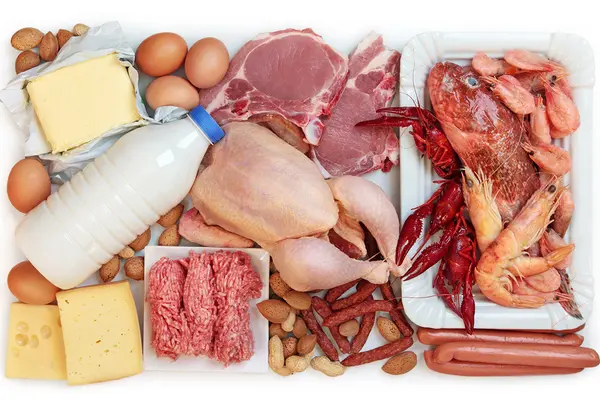 Lebensmittel mit Proteingehalt zusammengelegt: Fleisch, Käse, Milch und Eier