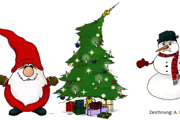 Zeichnung mit Tannenbaum, Weihnachtswichtel und Schneemann