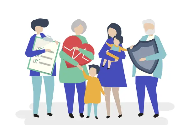 Grafische Figuren jeden Alters halten Icons zum Thema Pflege und Vorsorge
