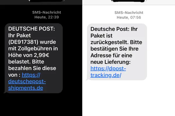 Screenshots von zwei Phishing-SMSen
