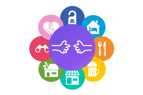 Logo der App "FairTrip" mit Illustration zweier Hände und bunter Hinweiszeichen