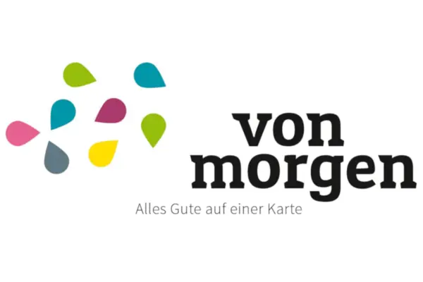 Illustration von bunten Blütenblättern mit Schriftzug "von morgen: Alles Gute auf einer Karte"