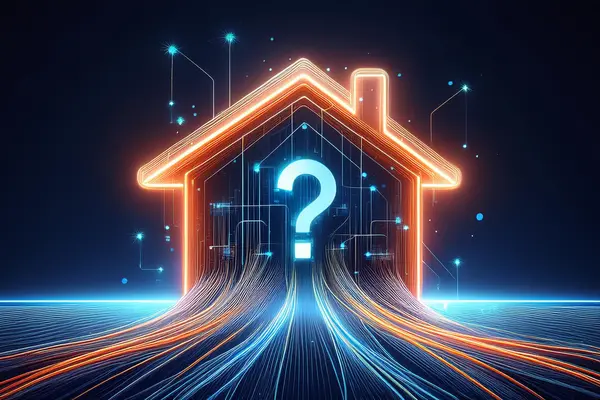 Leuchtende Glasfaserleitungen führen in ein Haus mit Fragezeichen