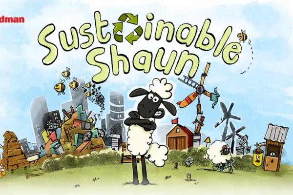 Illustration eines Schafs vor der Skyline einer Stadt mit Schriftzug "Sustainable Shaun"