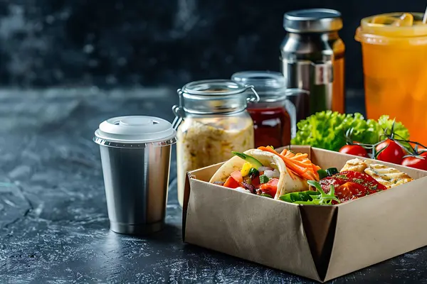 Ki generiertes Foto von Fladenbrot und Gemüse in Pappschachteln, daneben stehen verschiedene Behälter aus verschiedenen Materialien, die mit Getränken fegüllt sind. Hinter dem Karton steht ein Teller mit Tomaten und Salat..
