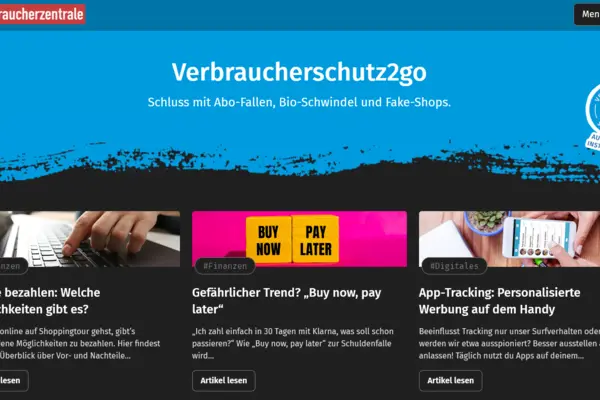 Bild zeigt eine Bildschirmaufnahme der Seite Verbraucherschutz2go.de