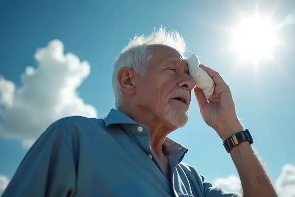 Ein Mann steht im hellen Sonnenlicht, er schützt seine Augen mit einem Tuch gegen die Sonne und wirkt durch die starke Hitze und Sonneneinstrahlung erschöpft – symbolisch für hohe Temperaturen und Klimabelastung.
