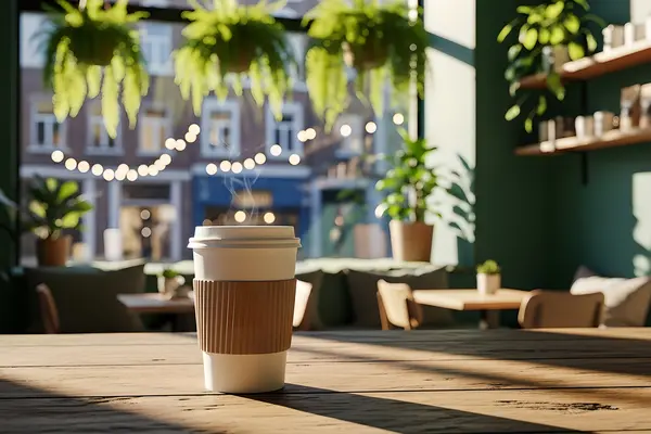 Ein Einwegbecher Kaffee steht auf dem Tisch in einem mit Pflanzen grün gestaltetem Cafe