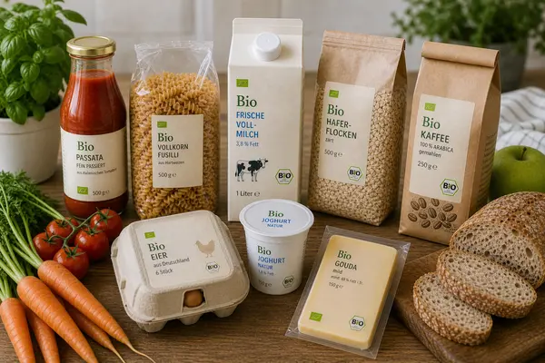 Verschiedene Bio-Lebensmittel wie Milch, Nudeln, Haferflocken, Eier, Joghurt und Käse liegen auf einem Tisch.
