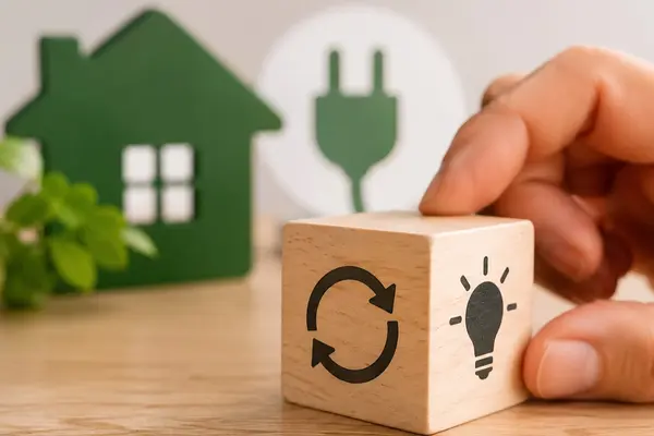 hand mit einen Holzwürfel / Hintergrund Scherenschnitt Haus und Stecker