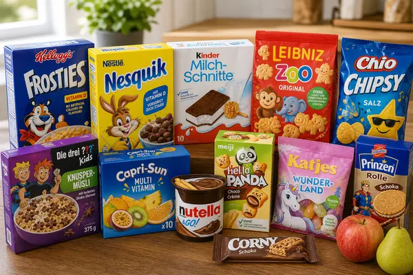 Verschiedene bunt verpackte Lebensmittel für Kinder stehen auf einem Tisch, darunter Frühstückscerealien, Kekse, Süßigkeiten, Snacks und Getränke; die Verpackungen sind farbenfroh gestaltet und zeigen Comicfiguren und verspielte Motive.