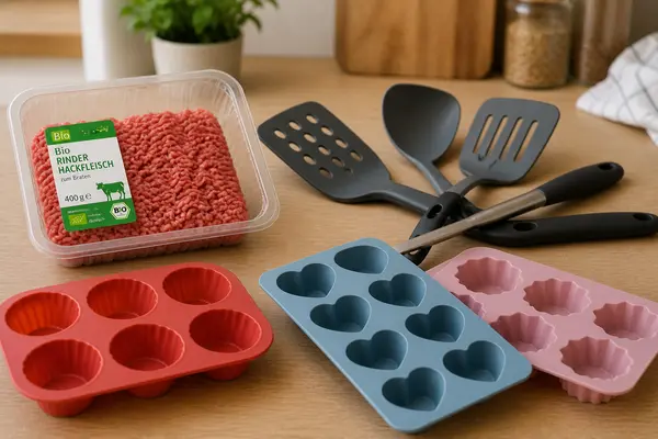 Hackfleisch in Plastikverpackung neben Pfannenwendern und bunten Silikonformen auf einer Küchenfläche.
