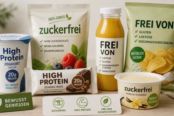 Verschiedene verpackte Lebensmittel mit Aufschriften wie „zuckerfrei“, „Frei von“ und „High Protein“, dekorativ auf einem Tisch angeordnet.
