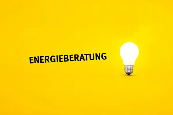 Schriftzug Energieberatung mit Glühlampe auf gelbem Hintergrund