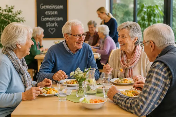 Ältere Menschen sitzen beisammen am Mittagstisch