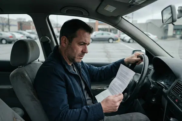 Mann sitzt im Auto und liest einen Brief.