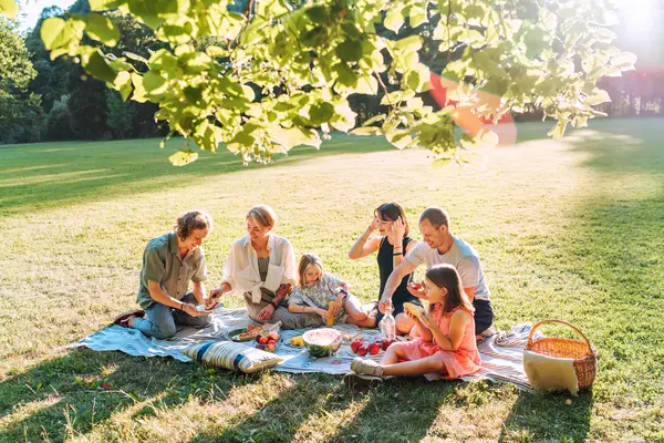 Eine Gruppe von Menschen macht ein Picknick im Park bei sommerlichen Temperaturen