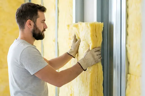 Ein Mann bringt Wärmedämmung und Hitzeschutz an