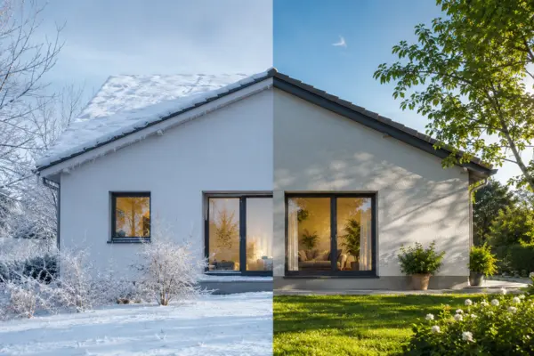 halbes Haus im Winter und halbes Haus im Sommer