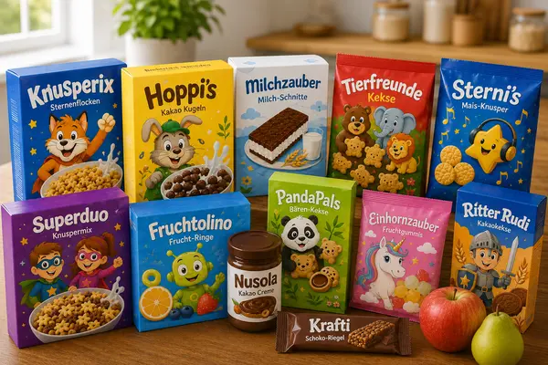 Bunte Kinderlebensmittel mit fantasievollen Figuren und Obst auf einem Holztisch.
