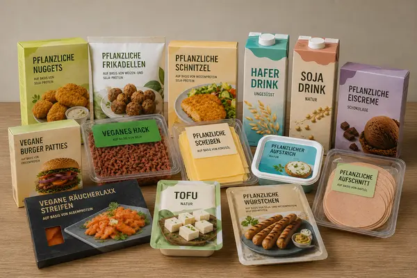Verpackte vegane Ersatzprodukte auf einem Holztisch.