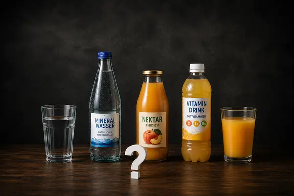 Eine Glasflasche Mineralwasser mit vollem Wasserglas links, eine Glasflasche Pfirsichnektar in der Mitte und eine Plastikflasche Vitamindrink mit vollem Saftglas rechts auf einem Holztisch; mittig davor ein kleines weißes Fragezeichen.