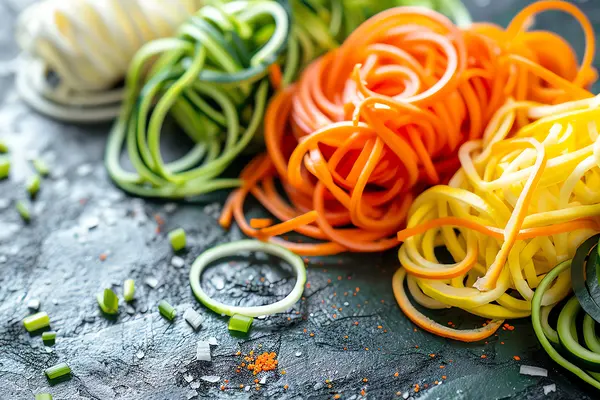 Mehrere Häufchen Karotten und Zucchini Nudeln