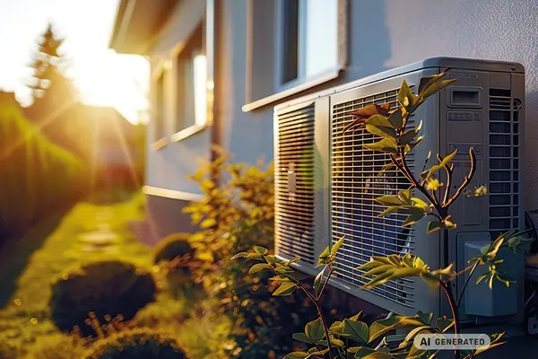 Wärmepumpe an einer Hauswand, im Hintergrund geht die Sonne gerade auf im angrenzenden Garten, vor der Wärmepumpe sieht man einen kleinen Ast von einem Busch