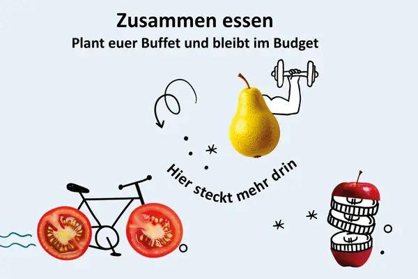 Birne, Tomatenscheiben und Apfel mit gezeichneten Gegenständen