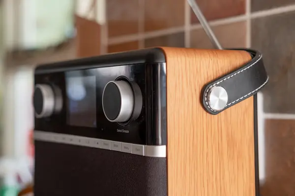 Nahaufnahme eines Digitalradios mit Holzgehäuse, schwarzer Frontblende, silbernen Drehreglern, kleinem Display, Bedientasten (Preset, Mode, Menu, Back) sowie schwarzem Ledertragegriff und ausgezogener Teleskopantenne, im Hintergrund unscharfe Fliesen.