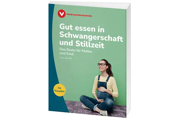 Titelbild des Ratgebers "Gut essen in Schwangerschaft und Stillzeit", schwangere Frau lächelt und hält sich mit beiden Händen den schwangeren Bauch