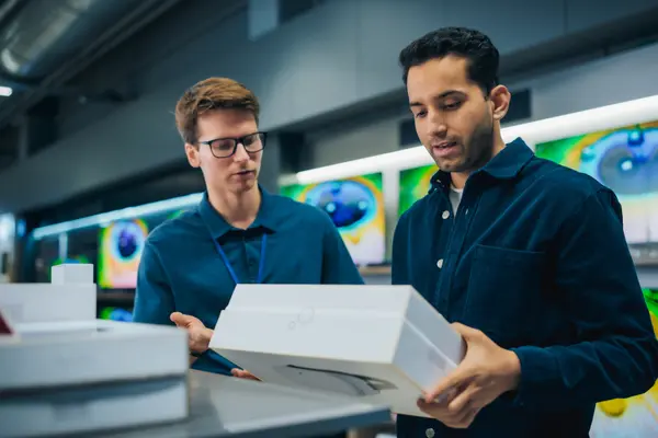 Verkäufer erklärt Kunden technisches Produkt