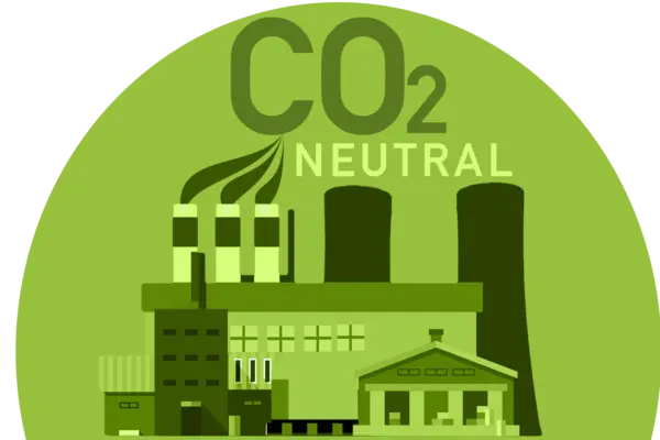 grüner Halbkreis mit einem Fabrikgebäude über dem CO2 neutral steht