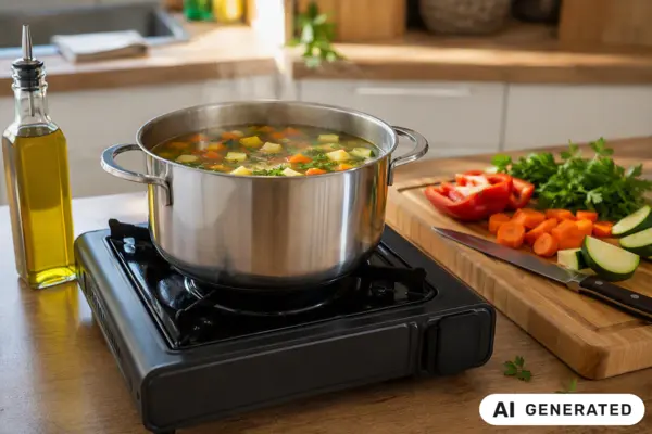 Gaskocher mit Topf mit dampfender Suppe, daneben aufgeschnittenes Gemüse