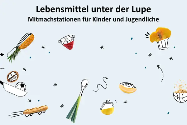 Verschiedene grafische Elemente aus dem Küchenbereich, dazu der Text "Lebensmittel unter der Lupe - Mitmachstationen für Kinder und Jugendliche"