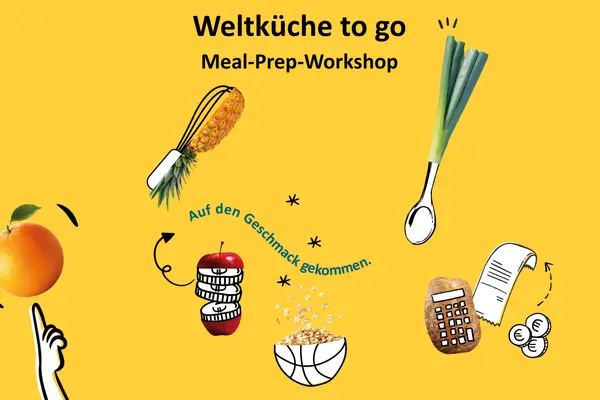 Grafiken mit Motiven aus dem Küchenbereich, dazu der Text "Weltküche to go - Meal-Prep-Workshop"
