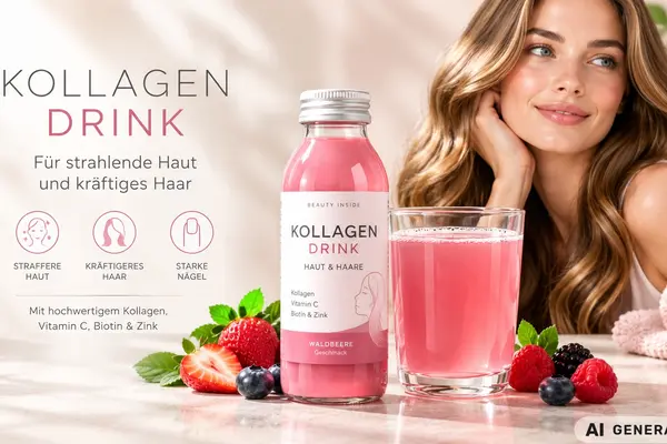 schöne  langhaarige Frau, vor ihr steht eine Flasche und Glas mit einem rosa Inhalt