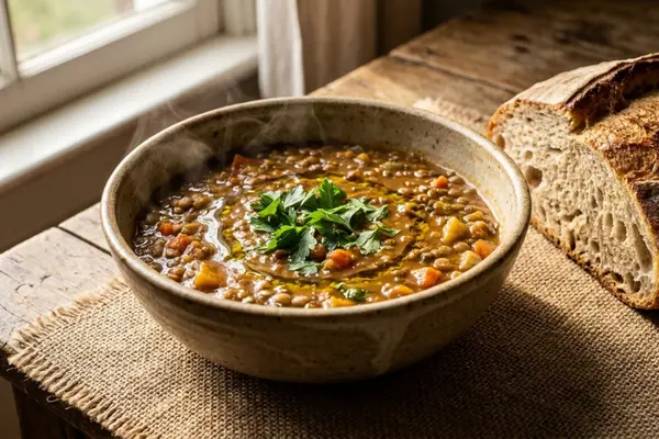 Teller Linsensuppe auf Tisch mit frischem Brot