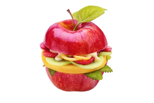 Apfel als Burger, gefüllt mit anderem Obst