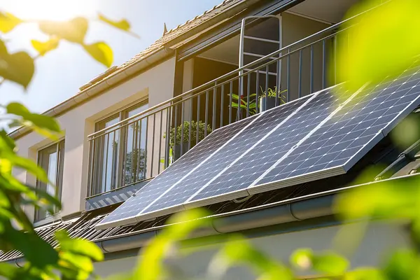 Kleine Solaranlage an Hausfassade im Sonnenschein