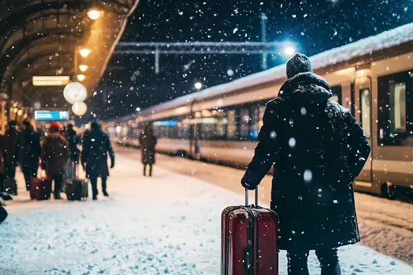 Menschen stehen am verschneiten Bahngleis
