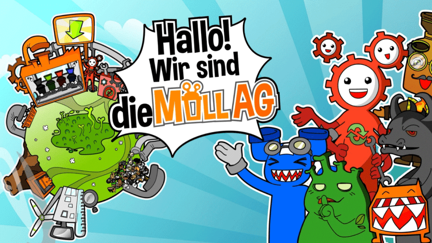 Comicfiguren neben Illustration einer Weltkugel mit der Sprechblase "Hallo! Wir sind die Müll AG"