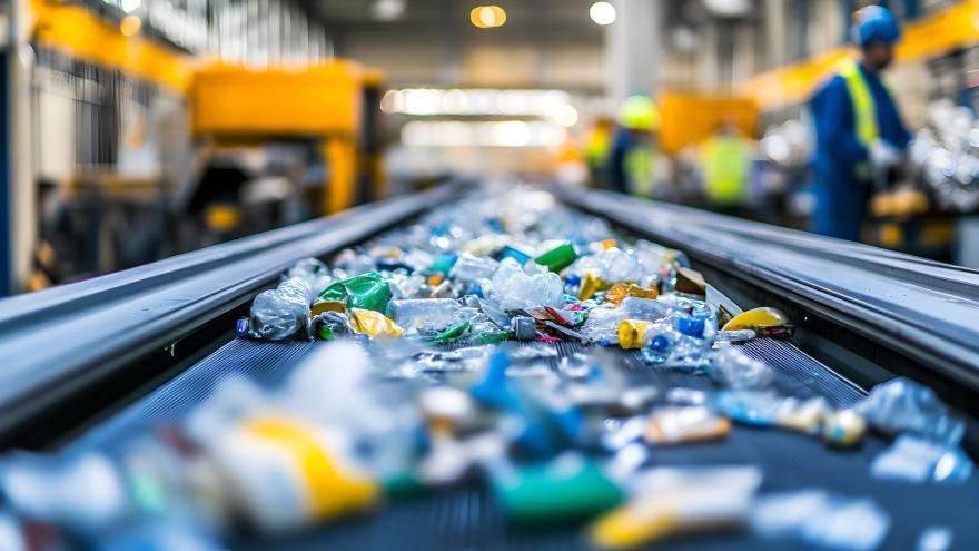 Förderband in einer Recyclinganlage zur Sortierung von Kunststoffen, Metallen und Papierabfällen für eine effiziente Verarbeitung und Wiederverwendung Arbeiter im Hintergrund überwachen die automatisierte Sortierung und Verwertung