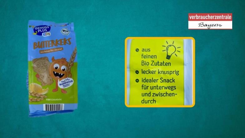 Produktfoto von Kinderkeksen mit hervorgehobenem Claim