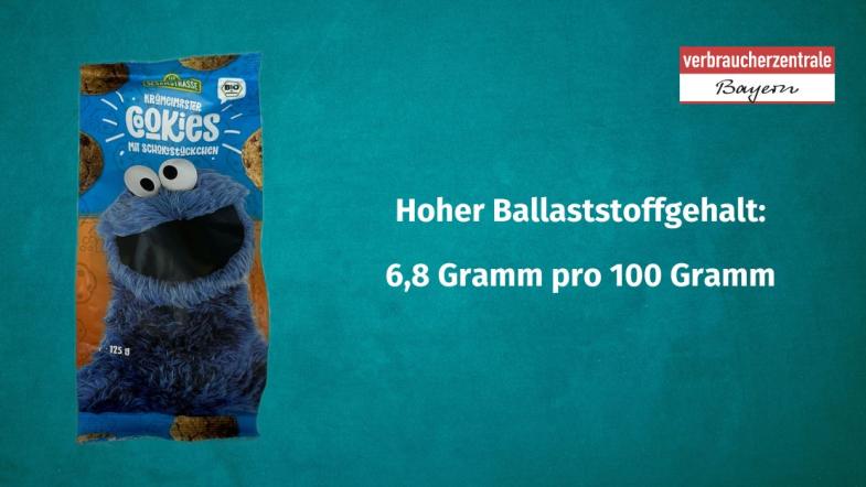 Produktfoto von Kinderkeksen mit der Angabe des Ballaststoffgehaltes