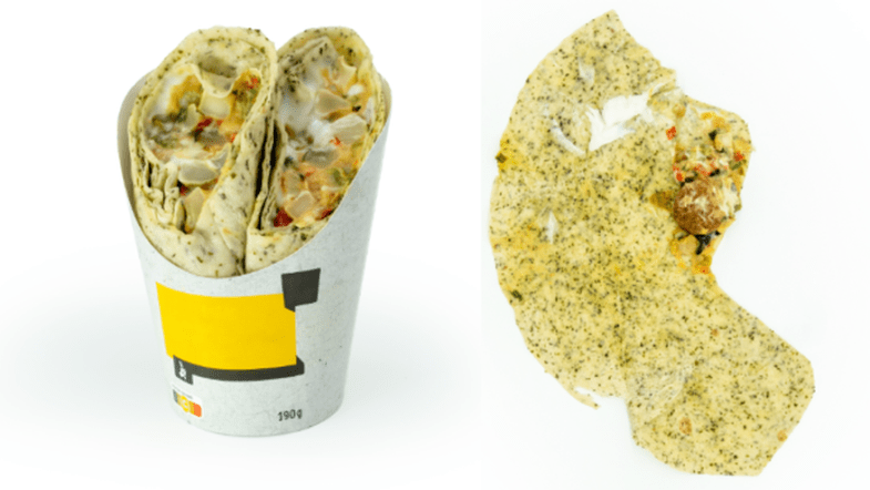 Ein Humus-Wrap zusammengeroll und aufgeklappt